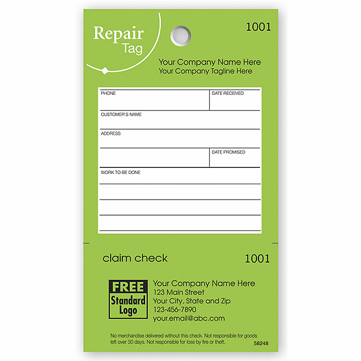 Repair Tag in Green w/White Fill-In Space 3.125 x 5.5 - Office and Business Supplies Online - Ipayo.com