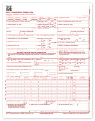 8 1/2 x 11 CMS-1500 Laser Sheet Insurance Claim Form, Version 02/12