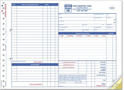 11 x 8 1/2 Repair Orders, Garage, Carbon, Side-Stub, Large Format