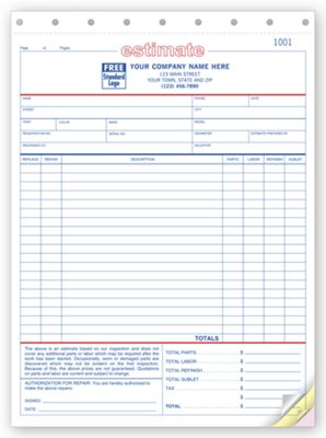 8 1/2 x 11 Auto Repair Estimates – Large Carbonless