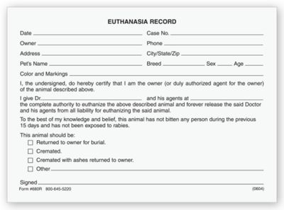 4 x 5 1/2 Veterinary Euthanasia Record Form Pads