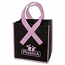  Non-woven polypropylene shopper features patented awareness ribbon design handles. Reusable and hand washable. Size: 12 1/2 W x 13 1/2 H x 8 1/2 D