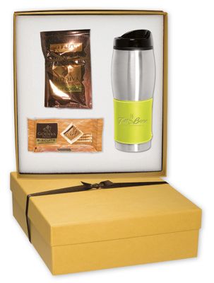 10-5/8 w x 11-1/2 h x 3-1/2 d box closed Godiva & Tuscany Tumbler Gift Set