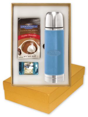 10-5/8 w x 11-1/2 h x 3-1/2 d box closed Ghirardelli & Tuscany Insulated Bottle Gift Set
