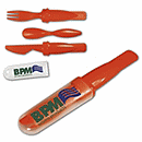  Plastic utensil set ideal for work or on the go. Sturdy and durable ABS plastic fork, knife and spoon stand up to daily use. Set fits inside transparent polypropylene case.