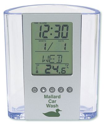 3-7/8 w x 4-5/8 h Clear Pen Cup with Digital Alarm Clock & Thermometer