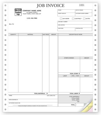 8 1/2 x 11 Job Invoices, Continuous, Classic