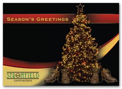 Custom Printed Holiday Greeting Cards- Work Boots Under Tree - Office and Business Supplies Online - Ipayo.com