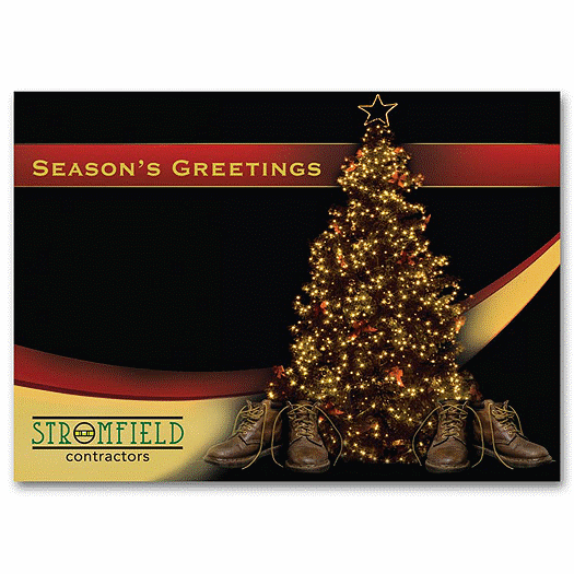Custom Printed Holiday Greeting Cards- Work Boots Under Tree - Office and Business Supplies Online - Ipayo.com