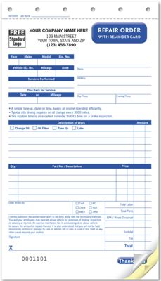 5 2/3 x 9 7/8 Repair Order with Reminder Card, Carbonless, Compact