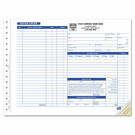 Garage Repair Order with Side Stub Carbonless Large AUT0654