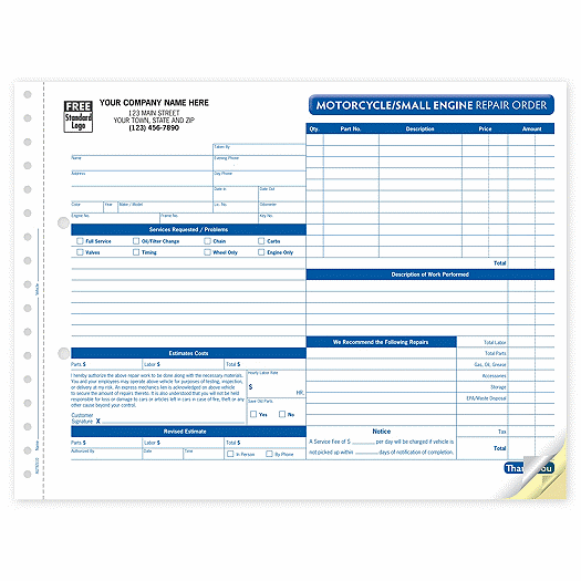 Motorcycle/Small Engine Repair Order, Carbonless