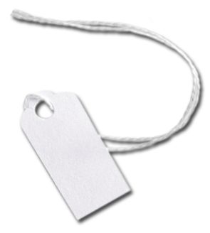 White Merchandise Tags w/ White String, 5/8 x 15/16' - Gifts Baskets Wholesale Supplies Shop