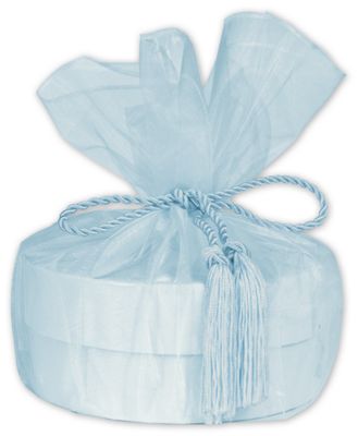 Light Blue Organza Wraps with Tassels, 28' Diameter - Gifts Baskets Wholesale Supplies Shop
