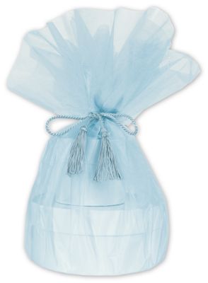 Light Blue Organza Wraps with Tassels, 48' Diameter - Gifts Baskets Wholesale Supplies Shop