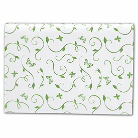 Bags & Bows exclusive.,All a Flutter tissue paper features green vines and butterflies on a white background. Items sold separately.,20 W x 30 L,200 sheets per ream.,Made of 11# white tissue paper.,20% post-industrial recycled content.,Recyclable.,Sheets are bulk packaged flat and plastic wrapped.,Coordinates with other items in the All a Flutter collection.,Made in USA.