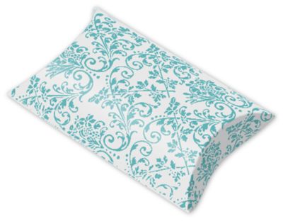 Turquoise/White Damask Favor Pillow Boxes, 3 1/2 x 3 x 1' - Gifts Baskets Wholesale Supplies Shop
