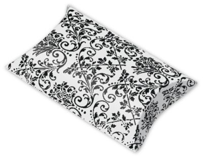 White/Black Damask Favor Pillow Boxes, 3 1/2 x 3 x 1' - Gifts Baskets Wholesale Supplies Shop