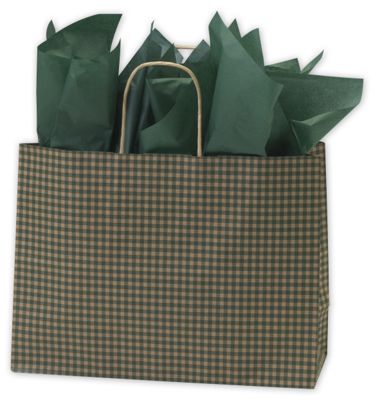 Green Gingham Printed Shoppers, 16 x 6 x 12 1/2' - Gifts Baskets Wholesale Supplies Shop