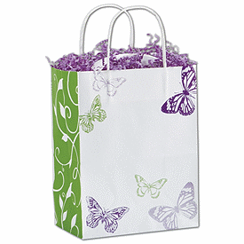 Bags & Bows exclusive.,Made in China.,All a Flutter cub shopper features a white shopper mini pack with purple and green butterflies on the front and back, and a green gusset with white vines detail. Items sold separately.,8 1/4 W x 4 3/4 D x 10 1/2 H,25 bags per mini pack.,Made of 100 GSM recycled bleached white paper with a varnish finish.,40% post-consumer recycled content.,Recyclable.,White twisted-paper handles.,Features a serrated edge top.,Coordinates with all items in the All a Flutter collection.