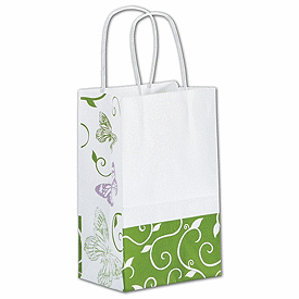 Bags & Bows exclusive.,Made in China.,All a Flutter Mini shopper mini pack features a white shopper with purple and green butterflies. Fanciful and fun! Items sold separately.,5 1/4 W x 3 1/2 D x 8 1/4 H,25 bags per mini pack.,Made of 100 GSM recycled bleached white paper with a varnish finish.,40% post-consumer recycled content.,Recyclable.,White twisted-paper handles.,Features a serrated edge top.,Coordinates with all items in the All a Flutter collection.