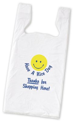 Smiley Pre-Printed T-Shirt Bags, 11 1/2 x 7 x 23' - Gifts Baskets Wholesale Supplies Shop