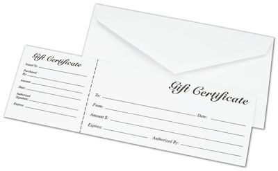 White Gift Certificates w/ Envelopes, 9 3/8 x 3 1/8