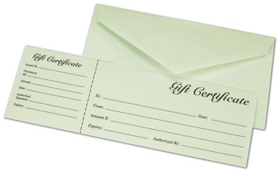 Moss Green Gift Certificates w/ Envelopes, 9 3/8 x 3 1/8