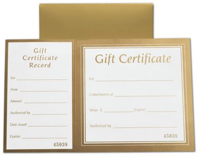 Metallic Gold Square Gift Certificates w/ Folder, 8 x 5' - Gifts Baskets Wholesale Supplies Shop