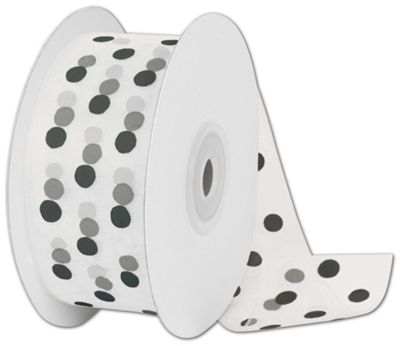 Sheer White/Black Dots Ribbon, 1 1/2' x 25 Yds - Gifts Baskets Wholesale Supplies Shop