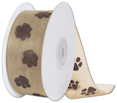 Sheer Chocolate Paws on Tan Ribbon, 1 1/2' x 25 Yds - Gifts Baskets Wholesale Supplies Shop