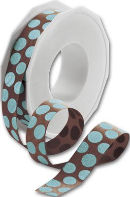 Sugar Dots Brown/Aqua Ribbon, 7/8' x 20 Yds - Gifts Baskets Wholesale Supplies Shop