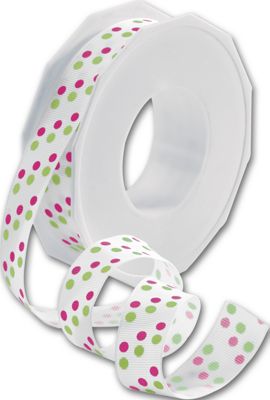 Dazzle Dots Apple Green/Shocking Pink Ribbon, 7/8'x20 Yds - Gifts Baskets Wholesale Supplies Shop