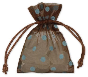 Blue Dots on Brown Polka Dot Organdy Bags, 3 x 4' - Gifts Baskets Wholesale Supplies Shop