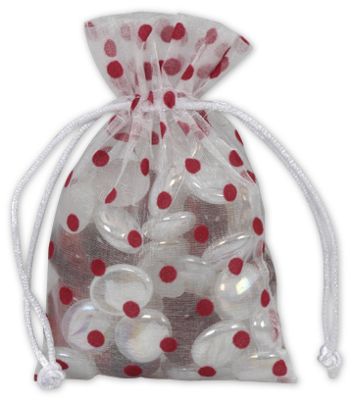 Red Dots on White Polka Dot Organdy Bags, 4 x 6' - Gifts Baskets Wholesale Supplies Shop