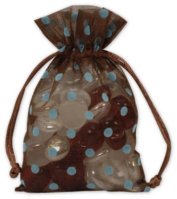 Blue Dots on Brown Polka Dot Organdy Bags, 4 x 6' - Gifts Baskets Wholesale Supplies Shop