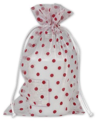 Red Dots on White Polka Dot Organdy Bags, 6 x 10' - Gifts Baskets Wholesale Supplies Shop