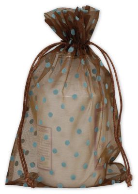 Blue Dots on Brown Polka Dot Organdy Bags, 6 x 10' - Gifts Baskets Wholesale Supplies Shop