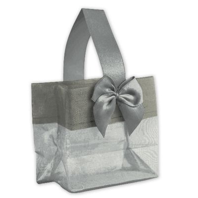 Silver Satin Bow Mini Totes, 3 1/4 x 2 x 3 1/4' - Gifts Baskets Wholesale Supplies Shop