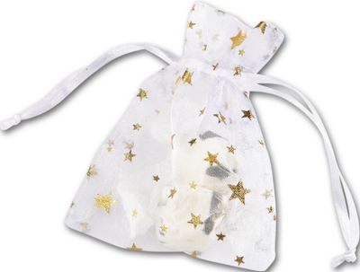 Gold Stars on White Organza Bags, 3 x 4' - Gifts Baskets Wholesale Supplies Shop