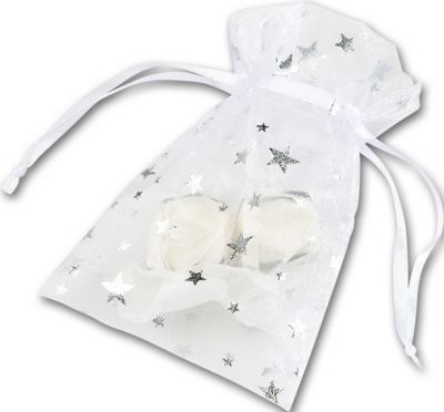 Silver Stars on White Organza Bags, 3 x 4' - Gifts Baskets Wholesale Supplies Shop