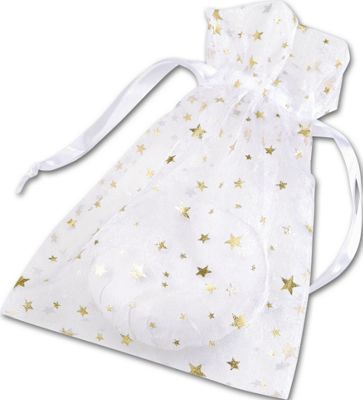 Gold Stars on White Organza Bags, 5 x 7' - Gifts Baskets Wholesale Supplies Shop