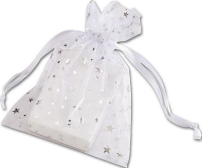 Silver Stars on White Organza Bags, 5 x 7' - Gifts Baskets Wholesale Supplies Shop
