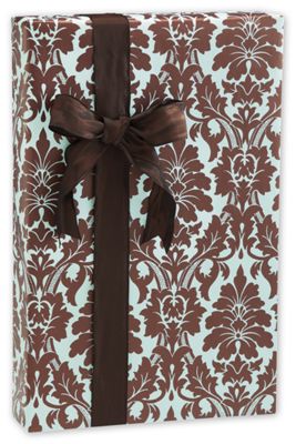 Damask Brown Aqua Gift Wrap, 24' x 417' - Gifts Baskets Wholesale Supplies Shop