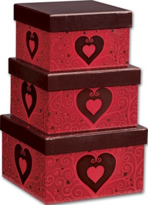 Chocolate Hearts 3-Piece Nested Box Sets, Square - Gifts Baskets Wholesale Supplies Shop