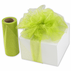 6 x 25 Yds,1 Roll,Ribbon is made of Polyester Tulle with Glitter.,Made in China.,Multi-functional Sparkle Tulle ribbon is an alternative way to wrap gifts or gift baskets - the light netting can be used in a number of ways that makes use of it's stretchy quality and fluffy look.