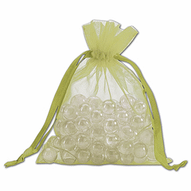 Complete dimensions are 5 W x 6 1/2 H, with 4 7/8 W x 5 H usable space inside.,12 bags per pack.,Made of sheer 100% nylon organza.,Matching drawstring ribbon.,Made in China.,Fast, pretty, efficient, and popular with customers and business owners alike: our medium Apple Green Organdy Bags with satin drawstring ribbons.