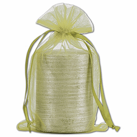 Complete dimensions are 5 1/2 W x 9 H, with 5 3/8 W x 7 H usable space inside.,12 bags per pack.,Made of sheer 100% nylon organza.,Matching drawstring ribbon.,Made in China.,Fast, pretty, efficient, and popular with customers and business owners alike: our large Apple Green Organdy Bags with satin drawstring ribbons.