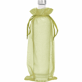 Complete dimensions are 6 W x 13 H, with 5 7/8 W x 10 1/4 H usable space inside.,12 bags per pack.,Made of sheer 100% nylon organza.,Matching drawstring ribbon.,Made in China.,Fast, pretty, efficient, and popular with customers and business owners alike: our extra large Apple Green Organdy Bags with satin drawstring ribbons.
