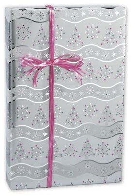 Starburst Silver Foil Flakes & Trees Gift Wrap, 24x417 - Gifts Baskets Wholesale Supplies Shop